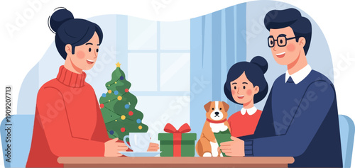 A family celebrates Christmas with a decorated tree and gifts