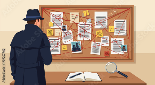 Detective Investigation Board Vector Illustration with Clues and Evidence for a Mystery Case