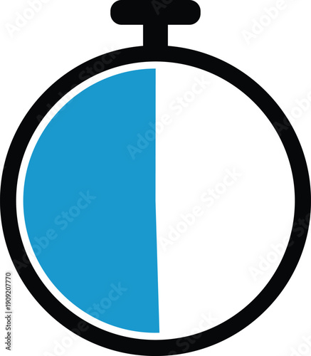 Simple stopwatch with half blue and half white face on white background timer time