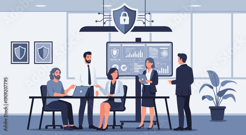 Business cyber security vector illustration of a team meeting around a table with data analysis on screen