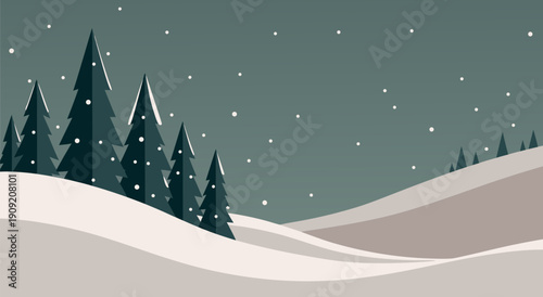 Winter wonderland landscape vector illustration with snow falling on pine trees and rolling hills