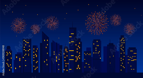 Vibrant City Skyline at Night with Fireworks A Detailed Vector Illustration