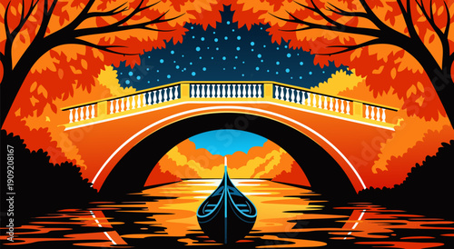 Autumn Venetian Canal Gondola Ride Illustration with Bridge and Fall Foliage - Vector Art