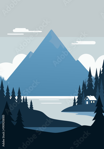 Serene Mountain Lake Cabin Landscape - Minimalist Vector Illustration