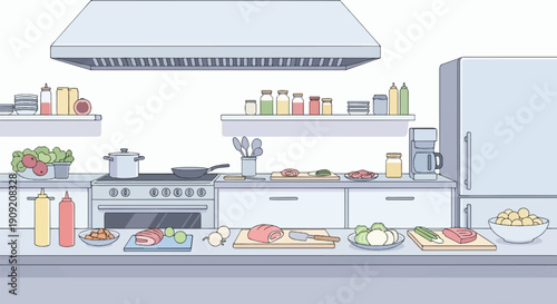 A culinary scene depicting a kitchen counter laden with raw ingredients