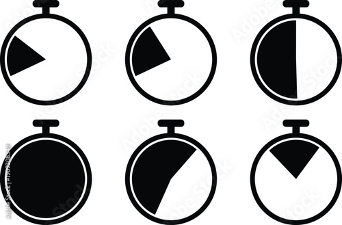 Six stopwatch showing different time intervals and progress on white background Keywords