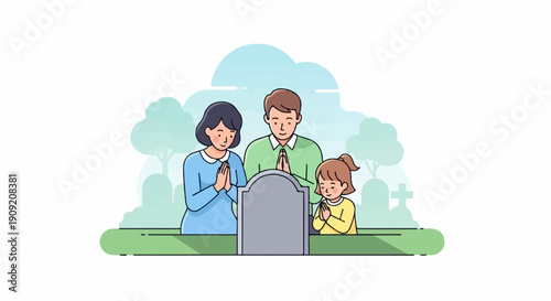 A family gathers at a gravesite, praying together with solemn expressions