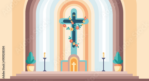 A cross adorned with flowers stands in a brightly lit room with candles and plants