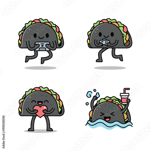 Cartoon burrito characters having fun and enjoying food and drinks