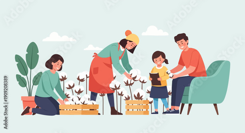 A family happily harvests cotton in a bright, stylized field