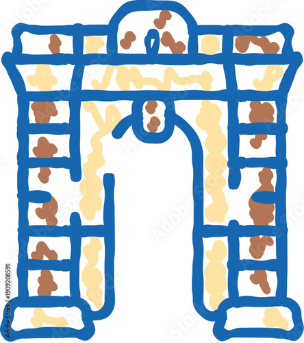 Roman arch structure with weathered details, symbolizing ancient history, travel, and famous landmarks, presented as a hand drawn sketch illustration in blue