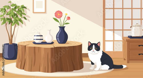 A black and white cat sits on a rug next to a log table with vases and flowers