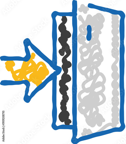 Blue arrow directing yellow liquid into multiple layers of absorbent material, depicting a filtration or absorption process within a hygiene or protective product
