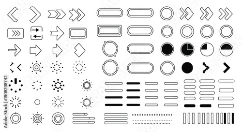 Navigation Arrows, Loading Spinners and Interface Controls Icon Set in Black and White Line Style