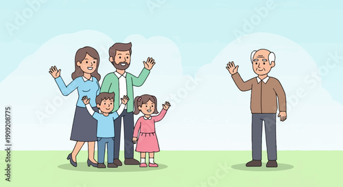 A family of four happily waves to an elder standing apart on a grassy field