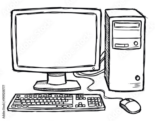 A hand drawn computer workstation with monitor, central processing unit, keyboard, and mouse for technology concepts and computing business presentations