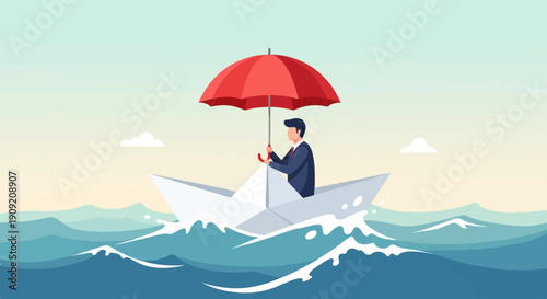 A businessman in a paper boat with an umbrella navigates stormy seas