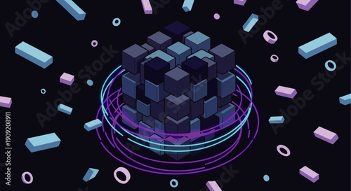 Abstract 3D cube structure with orbiting rings and floating geometric shapes on a dark background, representing technology and data