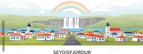 A charming village nestled by a fjord with a waterfall and rainbow above