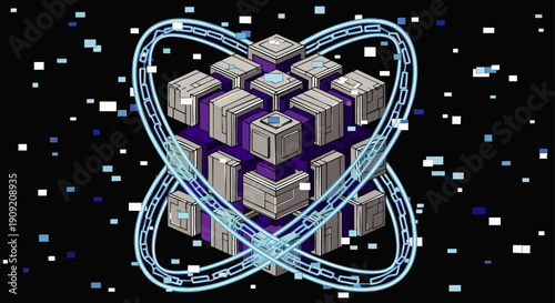 Abstract 3D cube structure with glowing orbits and digital particles in dark space, representing technology and data