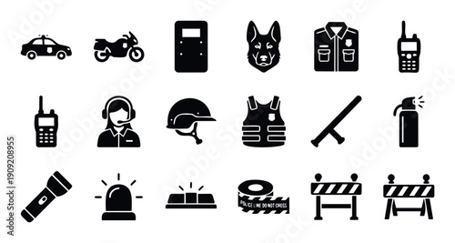 Comprehensive collection of law enforcement and public safety equipment icons for graphic design projects presentations and digital user interfaces.
