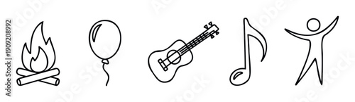 Simple line icons for celebration and outdoor fun including a campfire, balloon, ukulele, musical note, and joyful person, ideal for party invitations and event promotions.