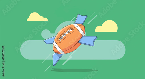 A cartoon American football with wings soars through a green sky