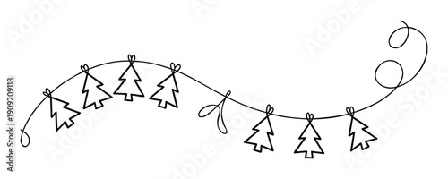 Simple continuous line drawing of a festive Christmas tree garland for holiday celebrations seasonal decorations invitations or event headers