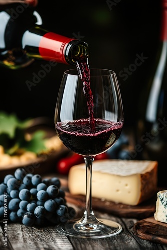 Red wine pouring into glass with cheese and grapes on table