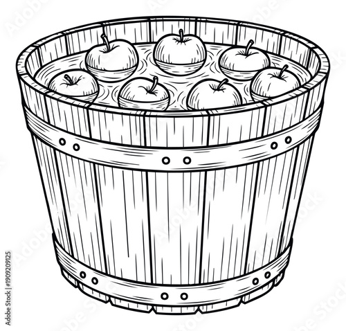 A wooden barrel filled with water and floating apples, perfect for seasonal harvest themes, traditional game designs, or vintagestyle event promotions.