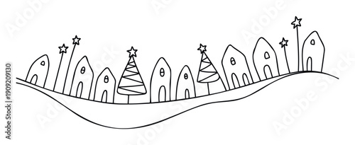 Hand drawn outline drawing of a charming village with houses and festive Christmas trees on a rolling hill, perfect for holiday season greetings, childrens books, or simple decorative