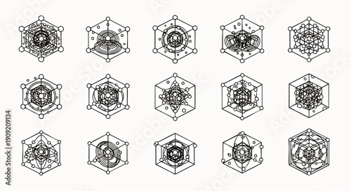 Set of 15 intricate sacred geometry symbols in hexagonal frames, black and white line art vector illustrations for spiritual, mystical, and esoteric designs.
