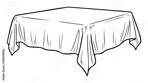 A stylized black and white line drawing of a rectangular table covered with a draped tablecloth, suitable for graphic design projects, invitations, or event planning materials.