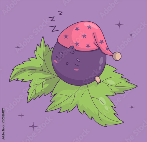 Funny Sleeping Currant Berry in Cap on Leaves. Cute Cartoon Kawaii Blackcurrant Character. Kids collection. Vector illustration