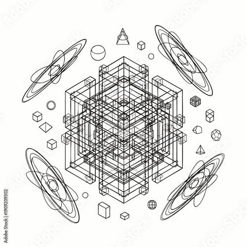 Abstract geometric wireframe art: complex cube structure, orbiting shapes. Minimalist black and white design for technology, data, science.