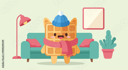 A cozy waffle character enjoys a winter day indoors on the sofa