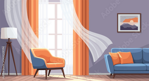 A cozy living room with a floor lamp, accent chair, and couch