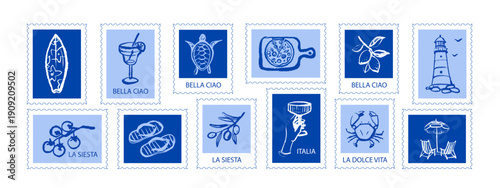 Vintage summer Italian Mediterranean coastal postage stamp set. Hand drawn vector illustration. Amalfi crayon sketch beach vacation design.
