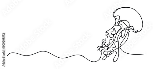 Minimalist continuous line drawing of a graceful jellyfish swimming with flowing tentacles, perfect for modern graphic design projects, elegant wall decoration, or stylish web backgrounds