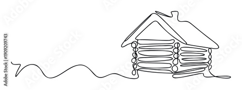 Continuous oneline art of a cozy rustic house structure with a roof and chimney, perfect for housing concepts, architectural themes, and simple property branding.