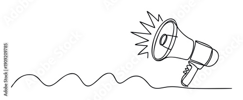 Continuous single line drawing depicting a megaphone with radiating sound waves, ideal for conveying important messages, promotions, or public speaking in modern digital presentations.