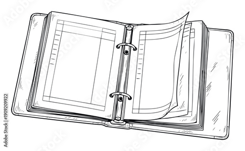 Open ring binder book with blank ruled pages and metal rings provides a versatile visual for accounting, planning, office administration, and educational content.