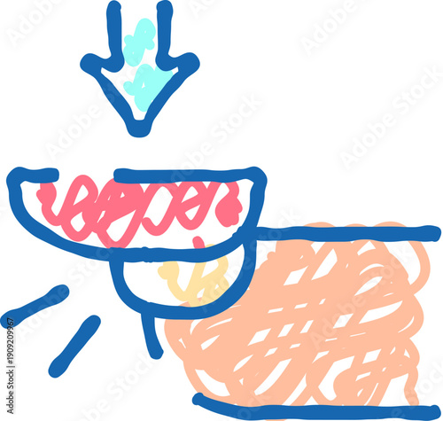 Arrow pointing down into a bowl full of food, with light shining from below, illustrating the concept of providing aid to individuals living below the poverty line