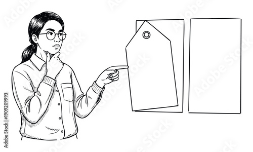 Asian woman with glasses contemplating and pointing towards blank informational labels, suitable for illustrating sales strategies or product features