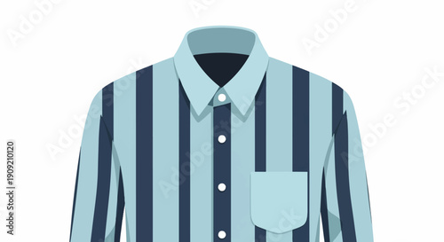 A close-up view of a light blue and dark blue striped collared shirt