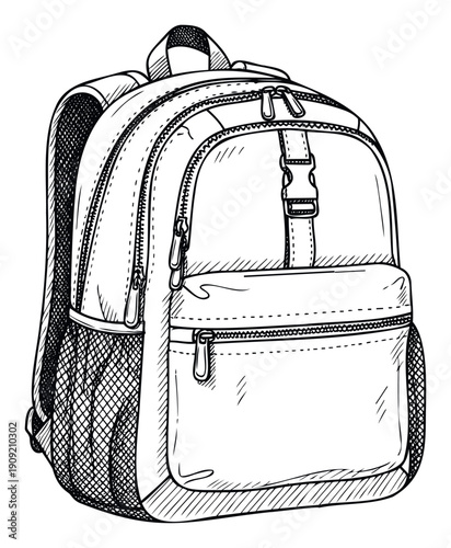 A hand drawn backpack sketch featuring multiple pockets and zippers is perfect for school supplies advertising, outdoor gear catalogs, or travel accessories promotions.