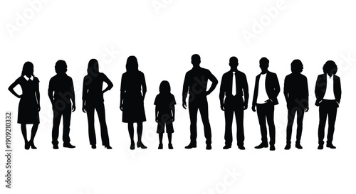 Diverse group silhouette featuring men women and one child standing together in a unified line against white