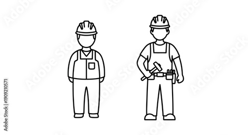 Two construction workers in hard hats and overalls standing