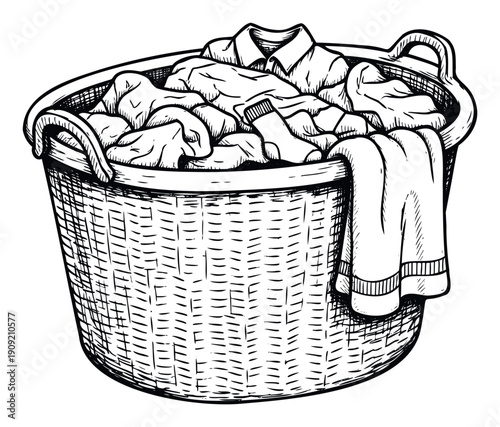 Hand drawn black and white sketch of a laundry hamper full of various clothing items ready for washing ideal for print media or digital projects