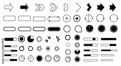 Navigation Arrows, Loading and Control Interface Icons Set in Black and White Line Style
